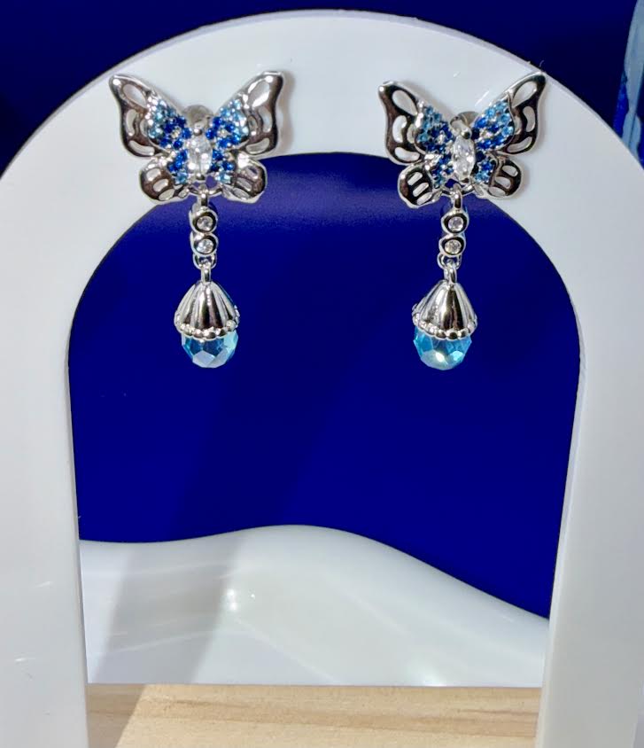 Silver light blue butterfly earrings
