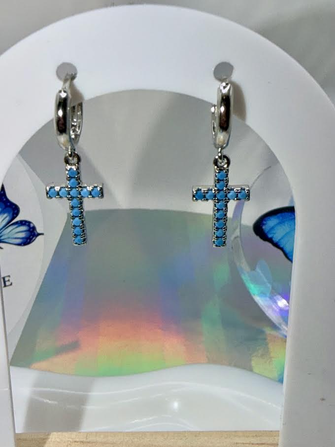 Silver tone turquoise cross earrings