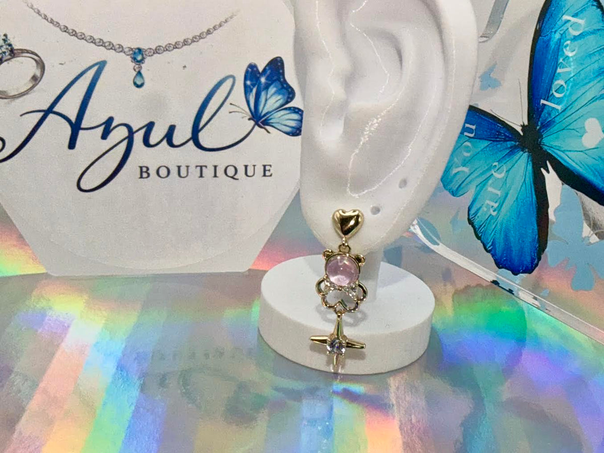 Gold pink teddy bear earrings