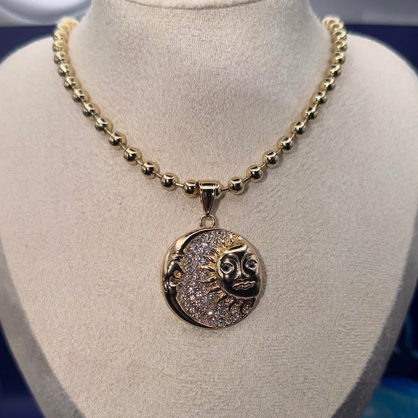 SunMoon Pendant with Gold Bead Necklace