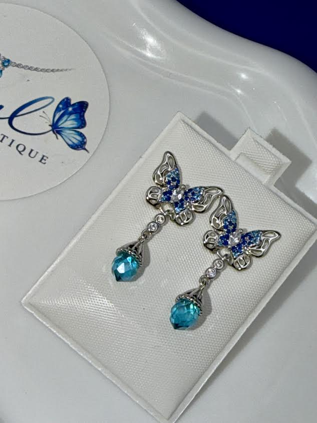 Silver light blue butterfly earrings