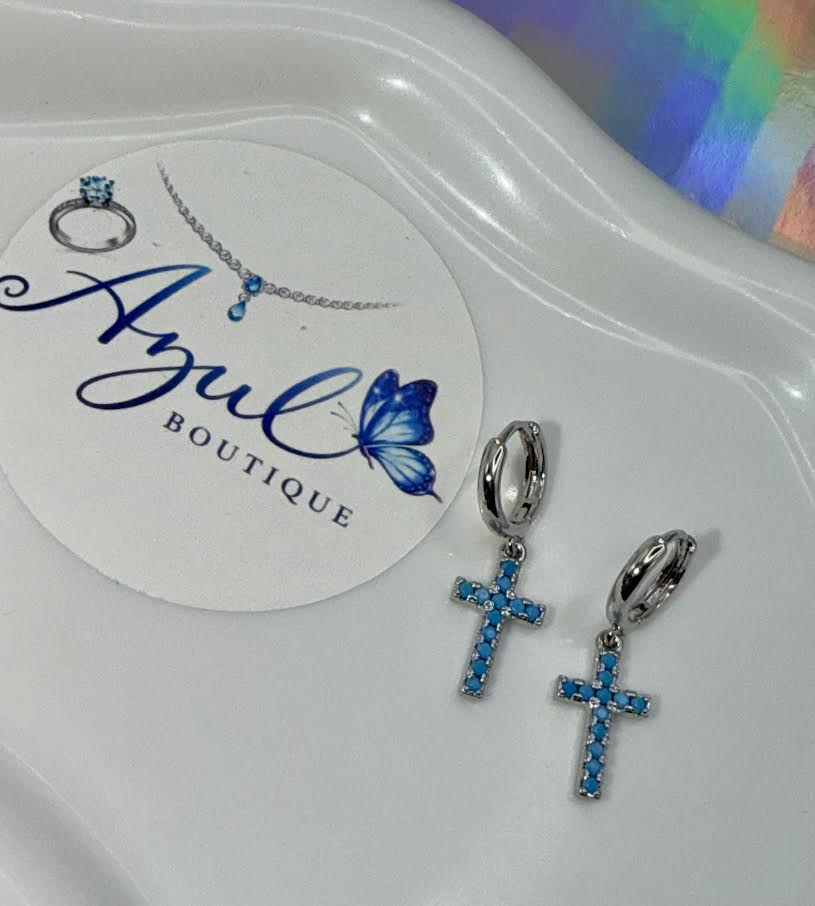 Silver tone turquoise cross earrings