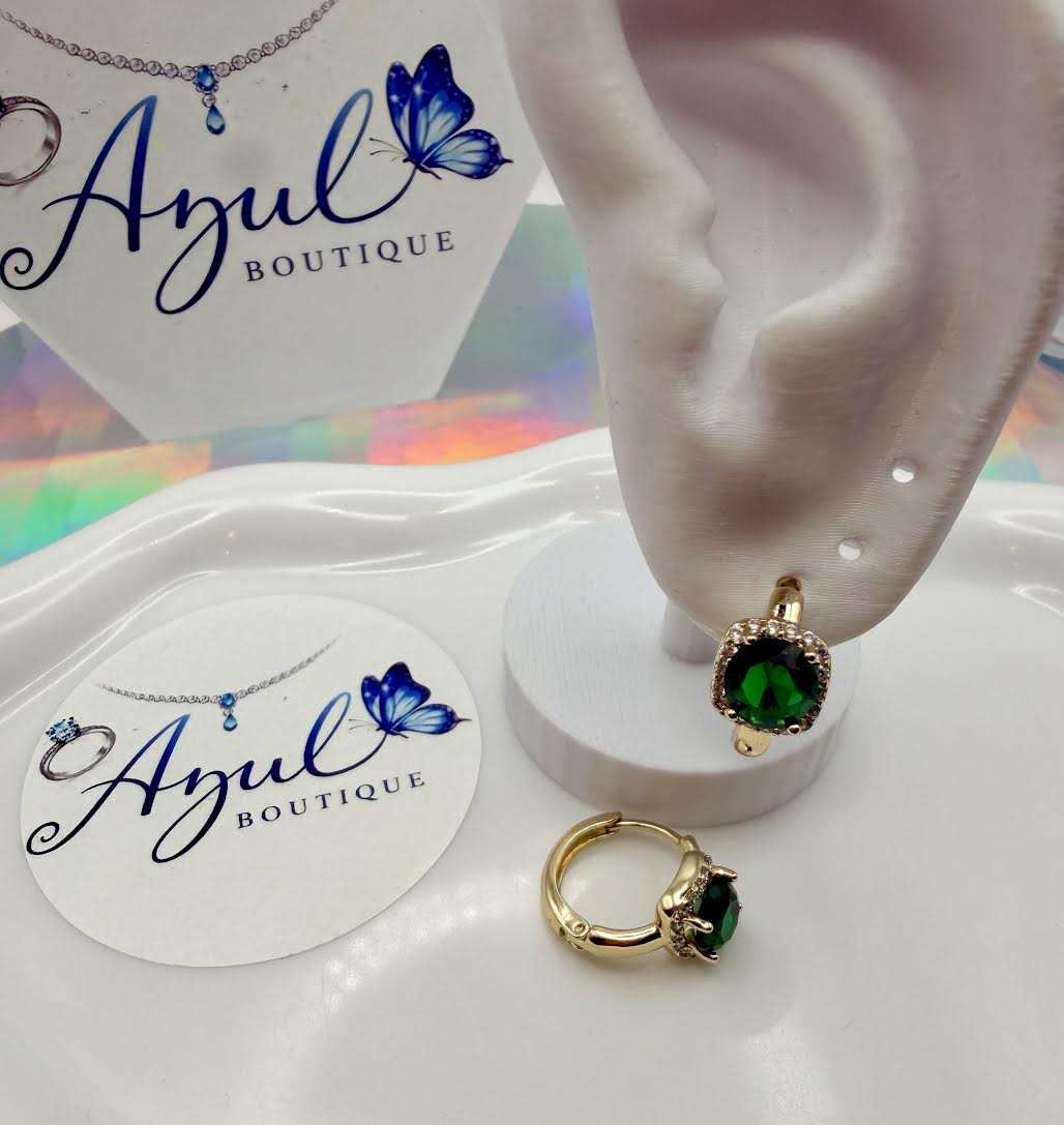 Emerald green stone hoops earrings