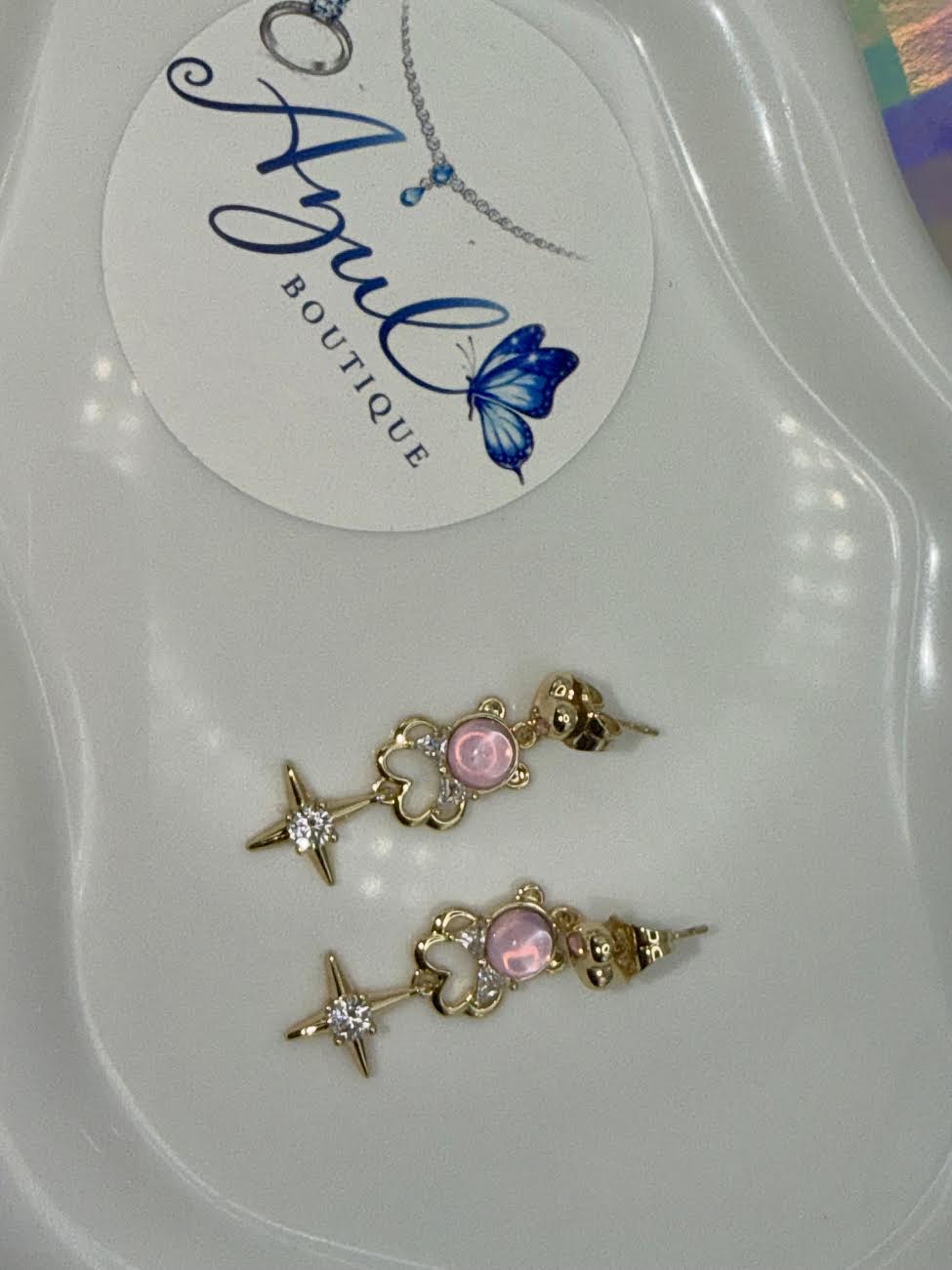 Gold pink teddy bear earrings