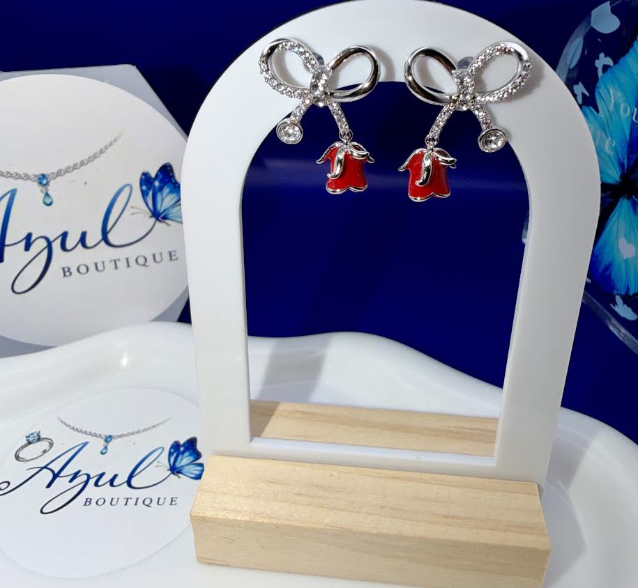 Silver red rose earrings