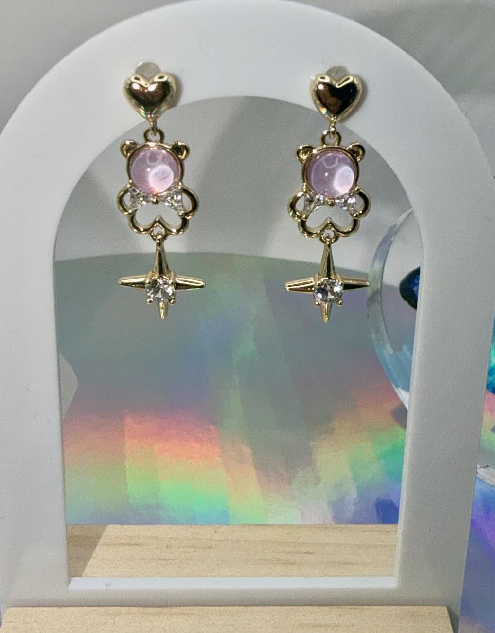 Gold pink teddy bear earrings