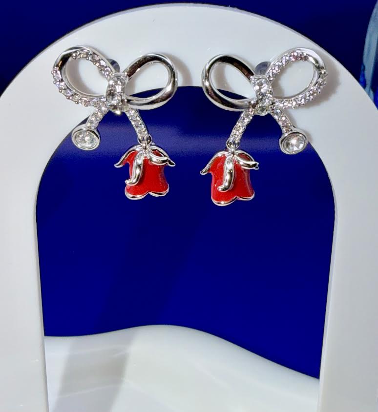 Silver red rose earrings