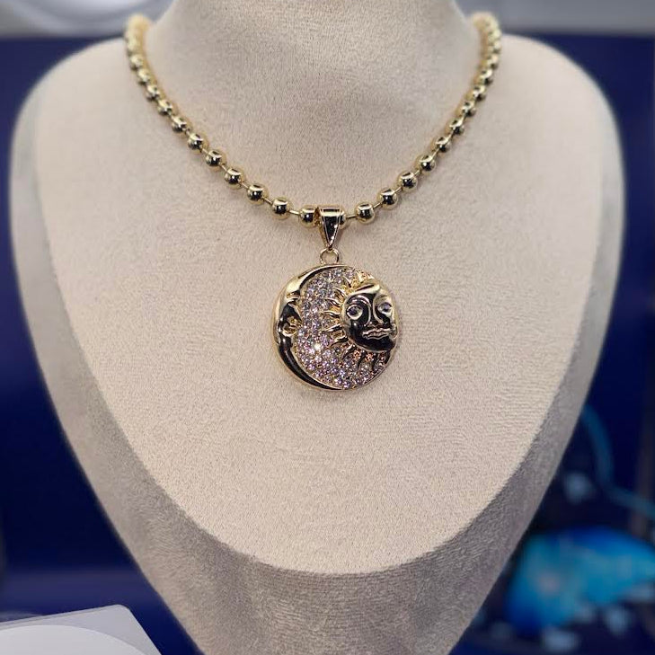 SunMoon Pendant with Gold Bead Necklace