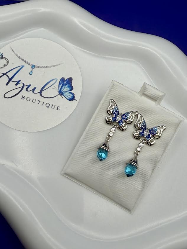 Silver light blue butterfly earrings