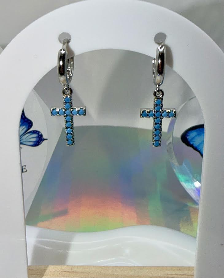 Silver tone turquoise cross earrings