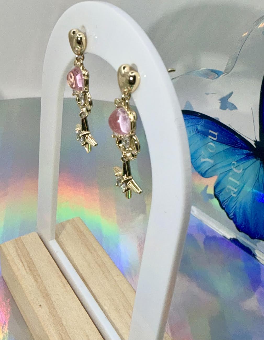 Gold pink teddy bear earrings