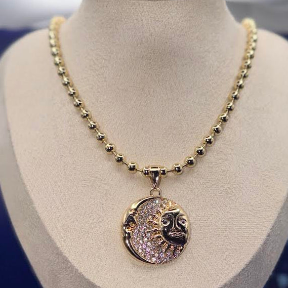 SunMoon Pendant with Gold Bead Necklace