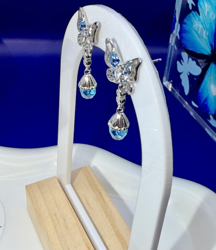 Silver light blue butterfly earrings
