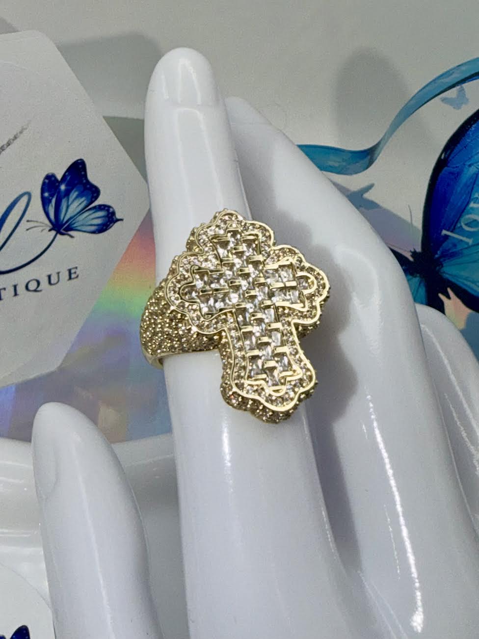 Iced Out Gold Cross Ring