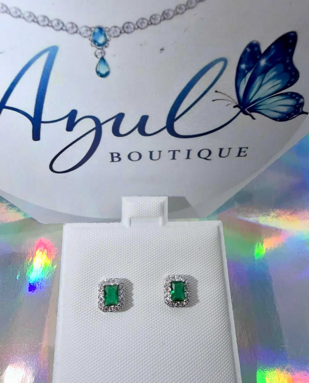 White gold laminated square green studs earrings