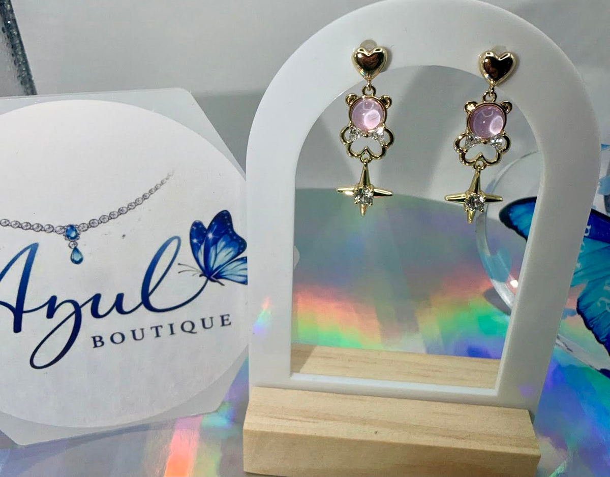 Gold pink teddy bear earrings