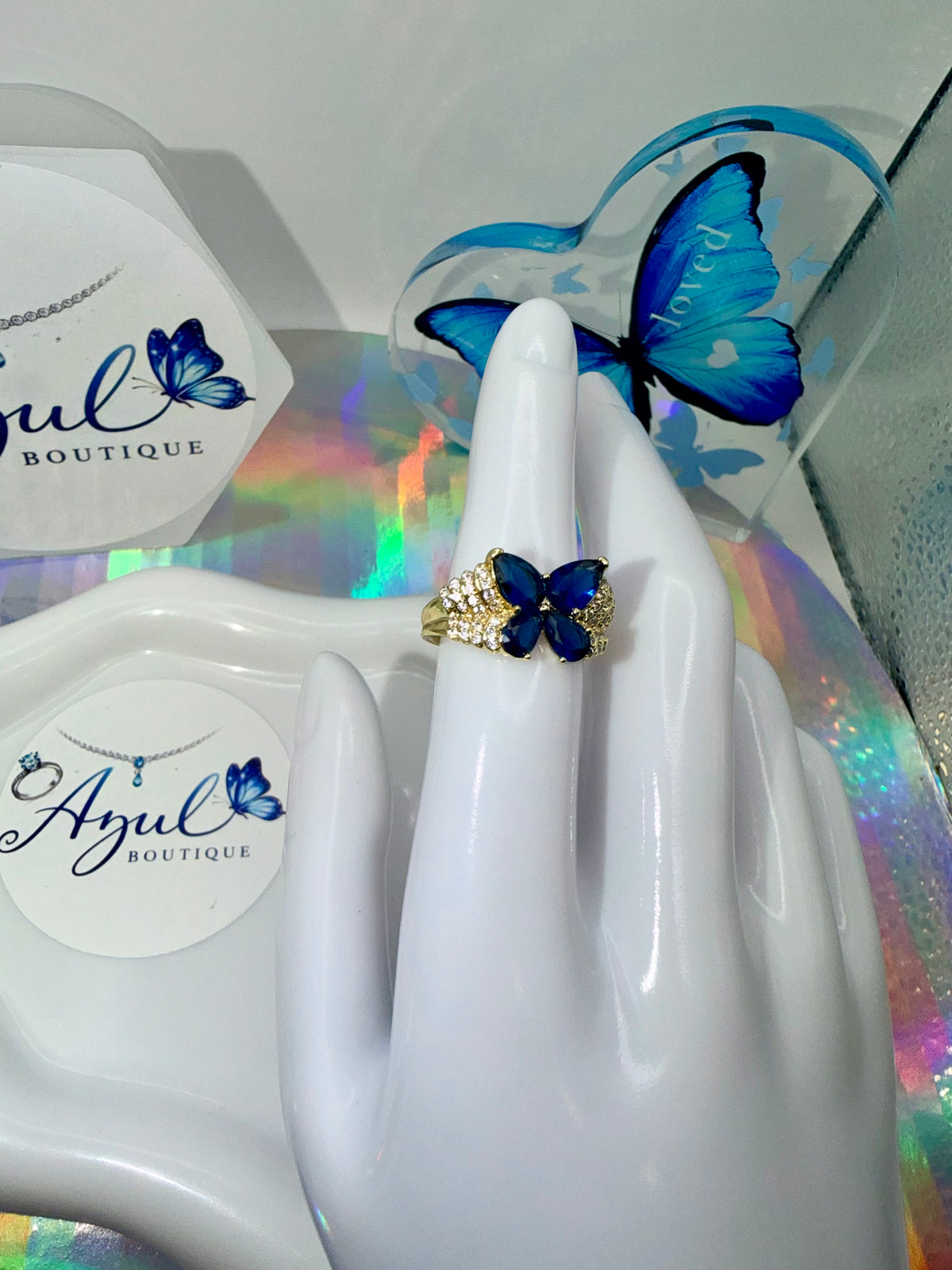 Deep Blue Butterfly Gold Ring