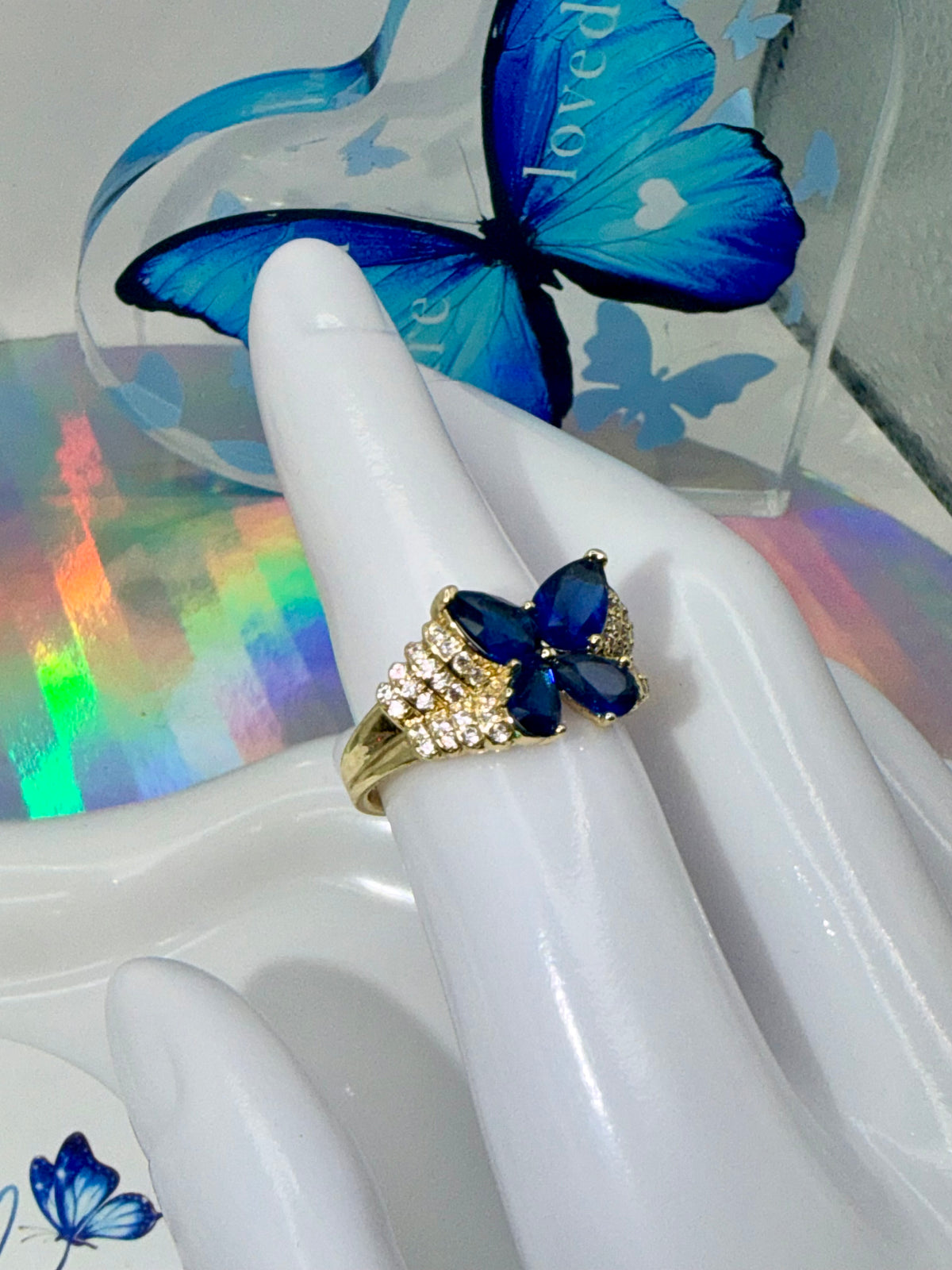 Deep Blue Butterfly Gold Ring