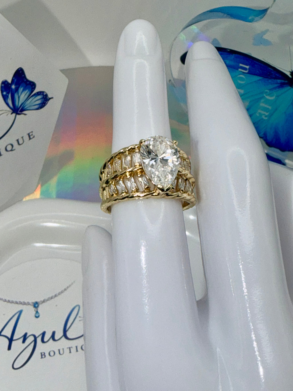 Clear gemstone pear shaped ring