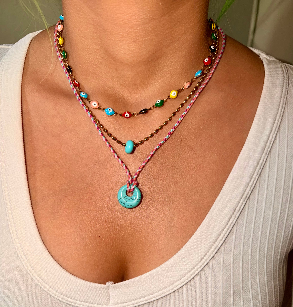Multicolor Boho-Chic/Evil Eye Layered 3-Necklaces Set