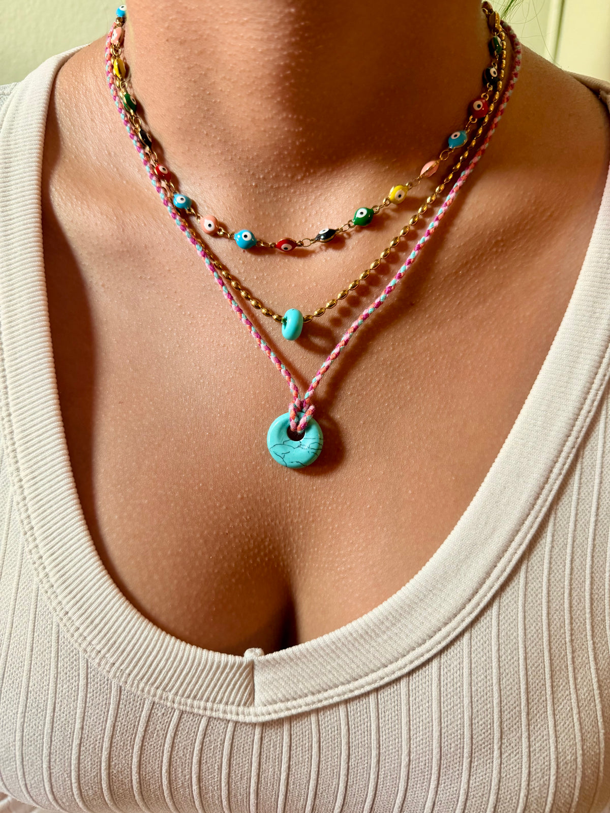 Multicolor Boho-Chic/Evil Eye Layered 3-Necklaces Set